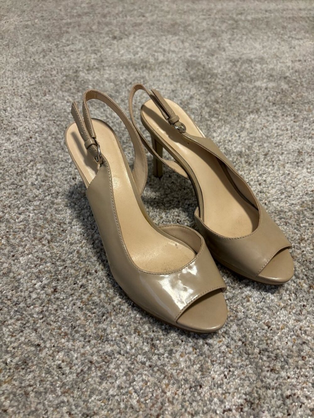 Nine West Eastwood Nude Patent Peep Toe Slingback Platform Heels 7.5